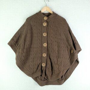 Pure Handknit Poncho Sweater Womens Medium Large Brown Button Front Cape Knit